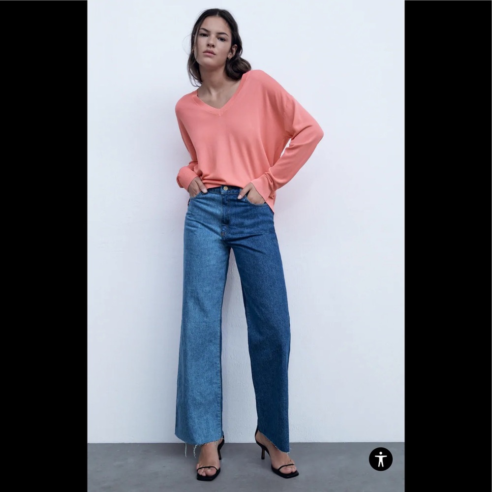 ZARA Fine Knit V Neck Coral Pink Sweater